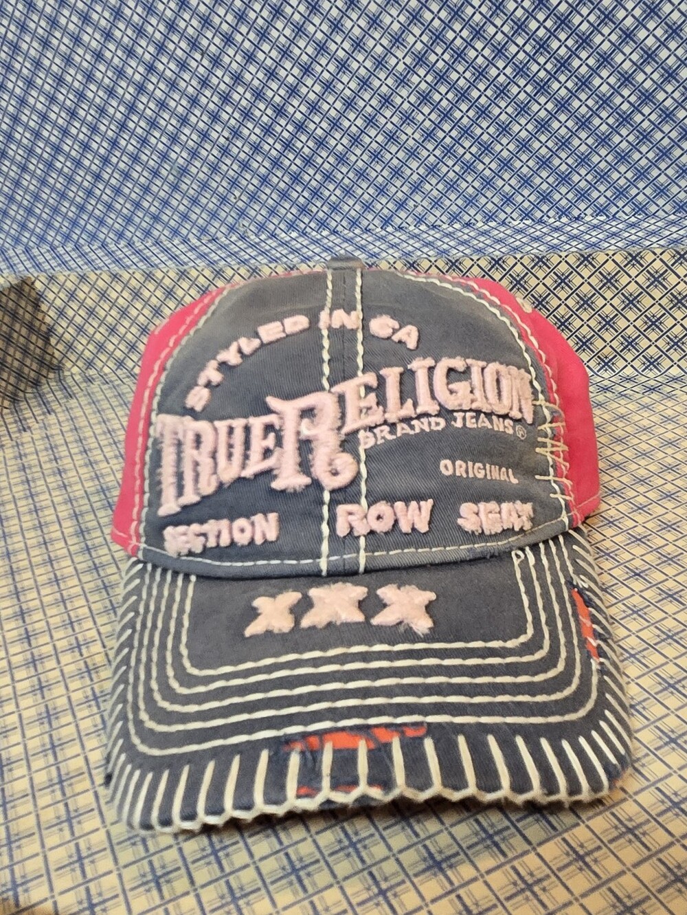 True Religion Navy and Pink Embroidered Trucker Cap
